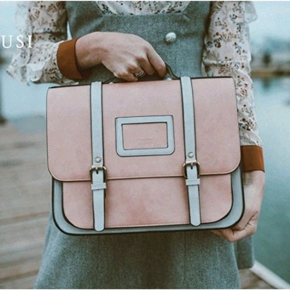 New Ecosusi Satchel Bag Medium Pink Faux Leather Colorblock Detachable Strap